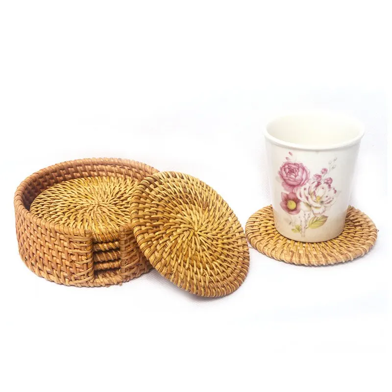 6Pcs Drink Coasters Set For Kungfu Tea Accessories Round Tableware Placemat Dish Mat Rattan Weave Cup Mat Pad Diameter 8Cm