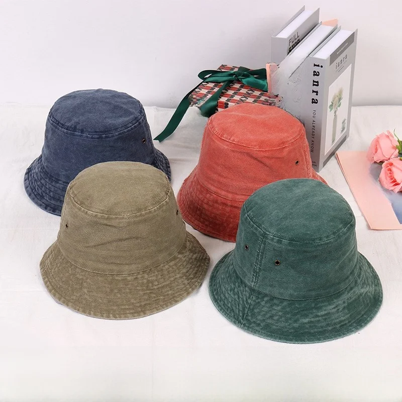 

Washed Denim Fisherman Hat Vintage Style Unisex All Seasons Short Brim round Top Cap Artistic Style Plastic Material