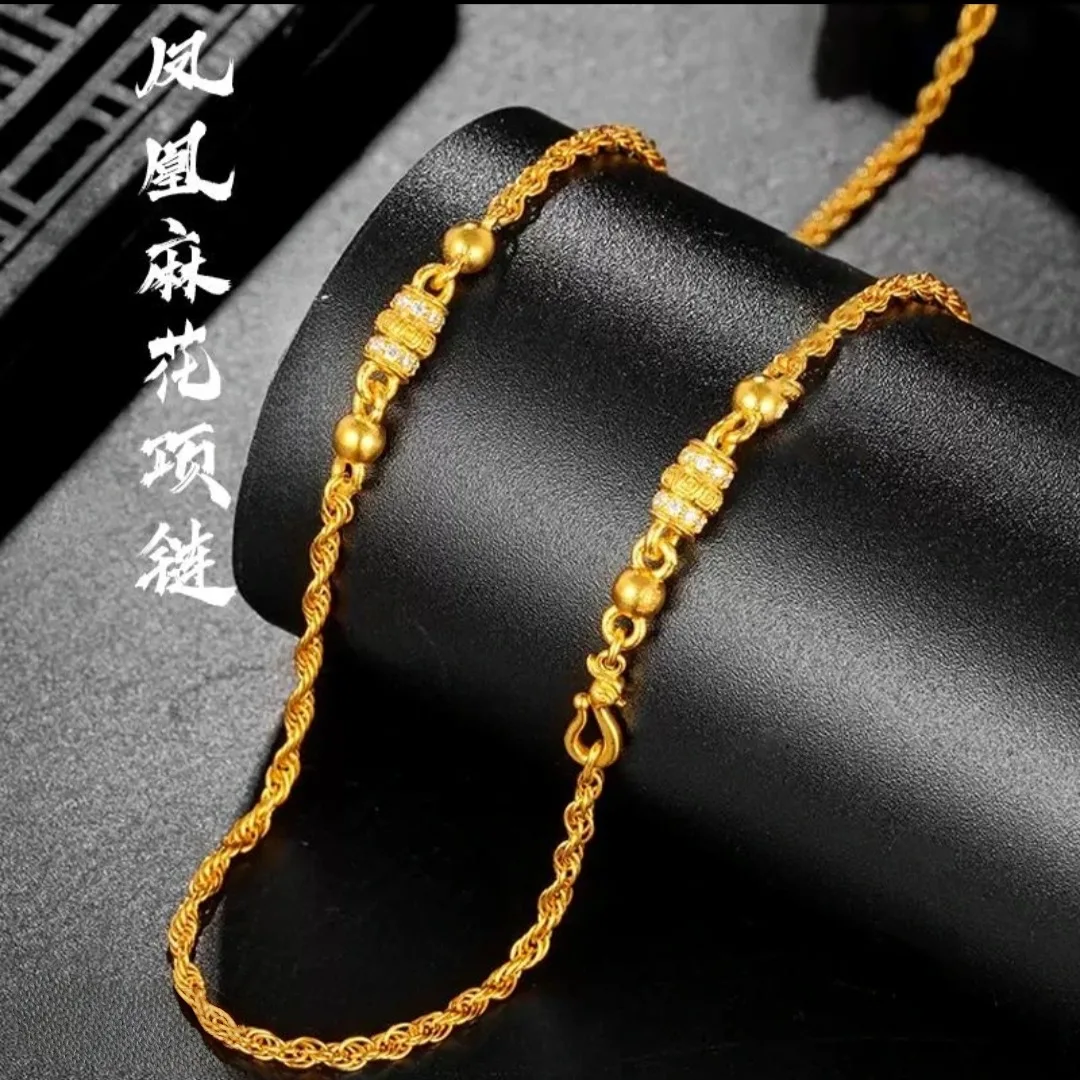 

Light luxury fashion 9999 24K real gold engraved handmade diamond inlaid necklace versatile collarbone chain women's style