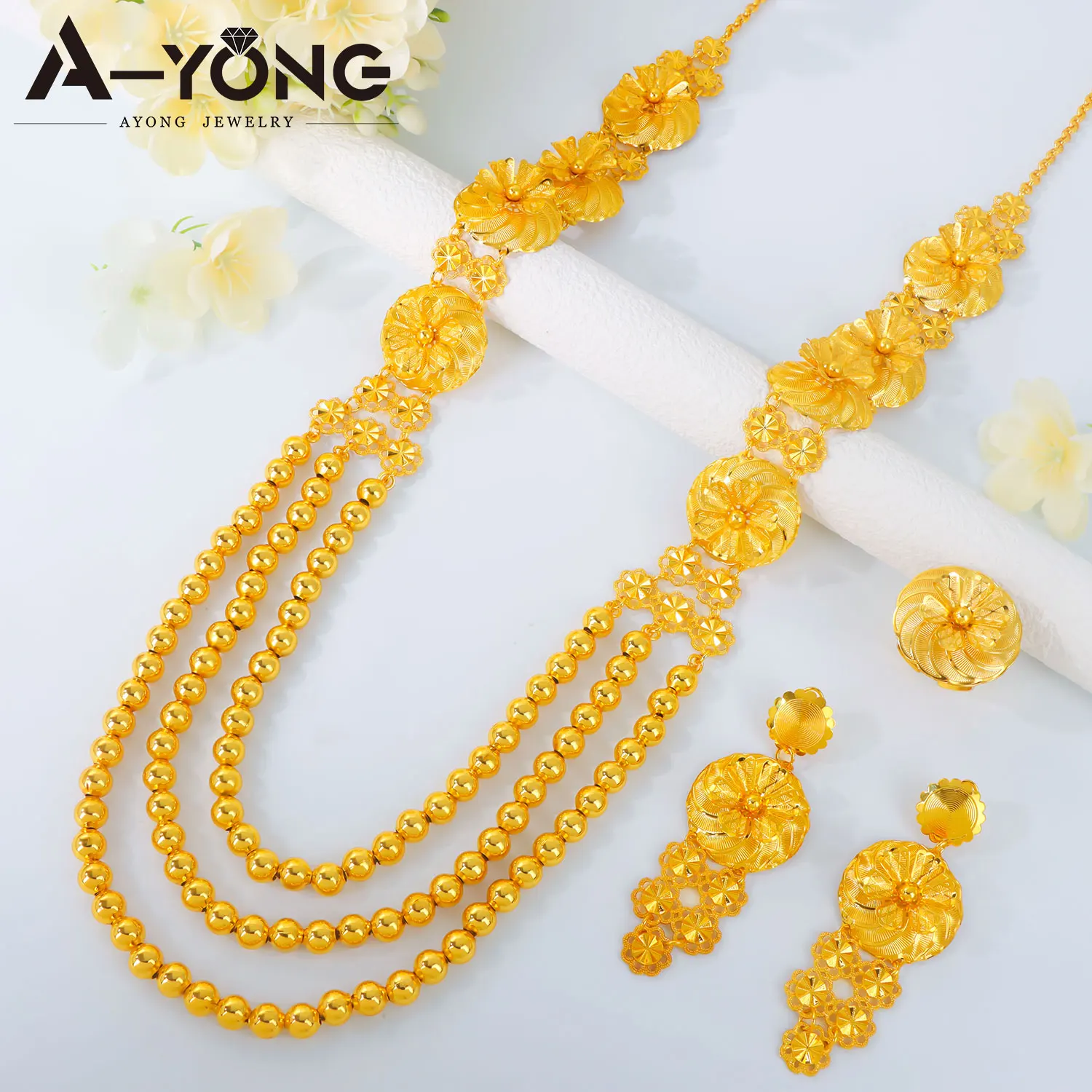 Luxury Nigeria Bridal Wedding Jewelry Set 3pcs Gold Color Floral Necklace Ring Earrings Dubai Women Event Party Jewelrys Gifts