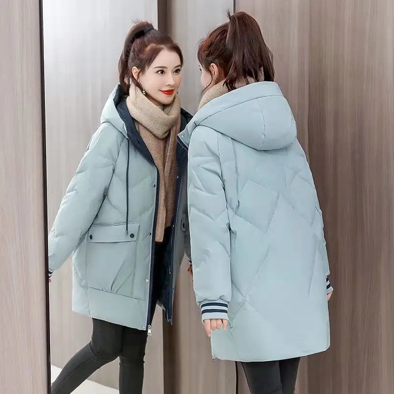 2023 New Women Winter Cotton-padded Jacket Long Korean Version of The Little Loose Outerwear Thick Fashion Hooded Coat