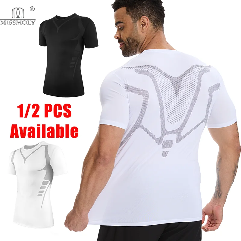 Quick Dry Men's T-shirt Short Sleeve Round Neck Tank Top Compression Rash Guard Gym Fitness Tight Training Sportswear 1/2PCS