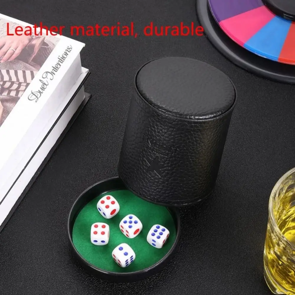 Leather Dice Cup with Lid Green Red Lining Interior Quiet in Shaking for Liars Dice Farkle Yahtzee Board Games with 5 pcs Dice