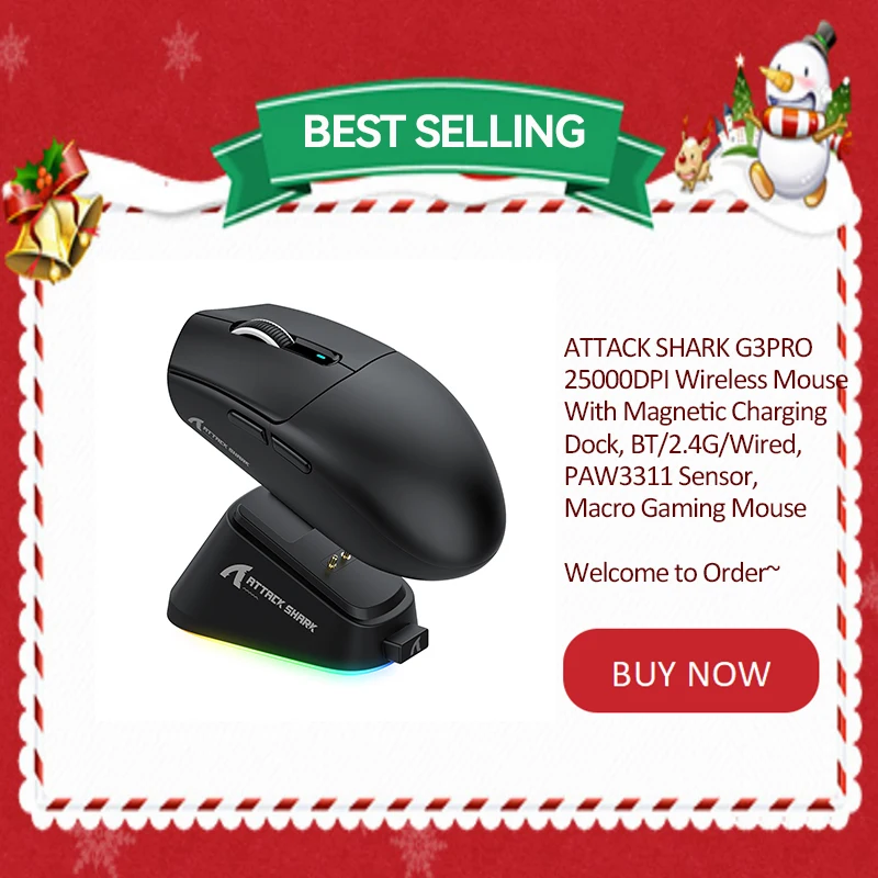 

ATTACK SHARK G3PRO 25000DPI Wireless Mouse With Magnetic Charging Dock, BT/2.4G/Wired, PAW3311 Sensor, Macro Gaming Mouse