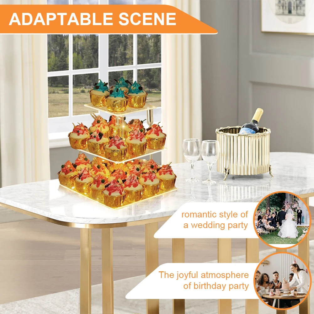 

3/4 Tier Acrylic Cupcake Display Stand with LED Light Cupcake Tower Stand Multifunctional Cupcake Holder for Celebration