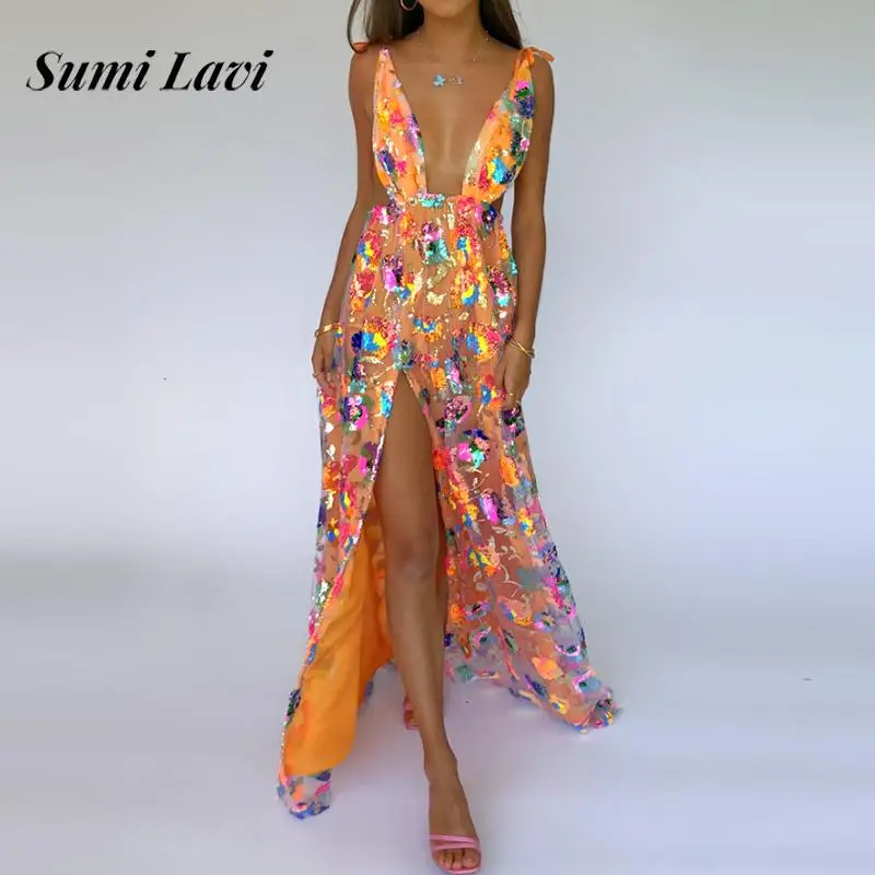 Frauen Mode Pailletten Blumen Druck Abendkleid Sexy Ärmellose Spitze-Up Lange Party Kleid Elegante Split Hohl Hosenträger Kleid