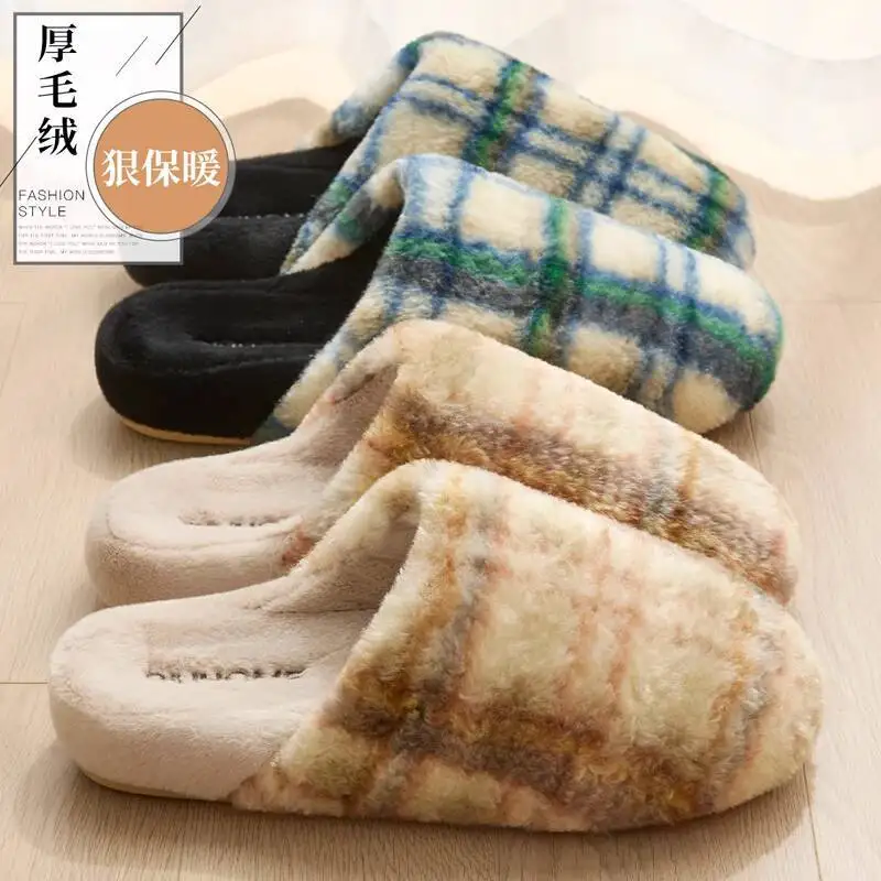 

Unisex Home Slippers 2025 Autumn Winter Man Women Plaid Slippers Fuzzy Warm Soft Anti Slip Indoor Household Couple Cotton Shoes