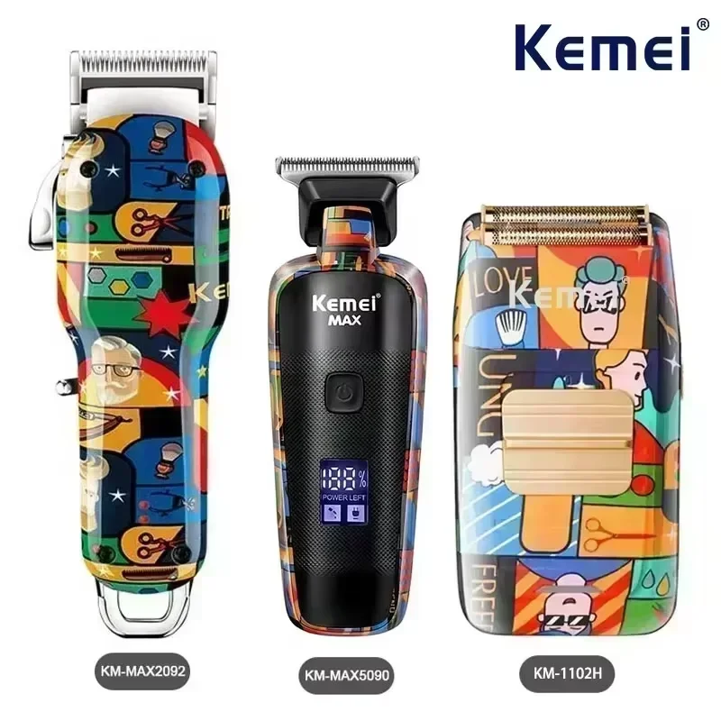Kemei professionnel électrique tondeuse à cheveux Rechargeable Graffiti motif tondeuse à barbe hommes rasoir KM-MAX2092 KM-MAX5090 KM-1102H