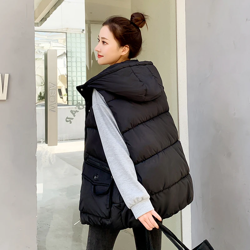 Zipper Loose Casual Warm Cotton Jacket Autumn Winter Women's Vest Hooded Solid Color Sleeveless Pocket Coat for Ladies