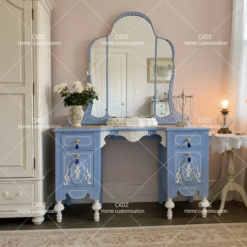French Solid Wood Dresser with Integrated Makeup Mirror and Drawer Customizable Medieval Cream Style High End Furniture