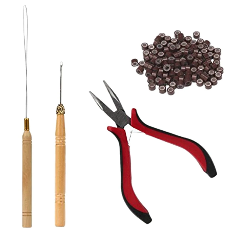 NEWABMK 1 Set of Hair Extension Tool Kit Clamp Hook Pull Pin 200Pc Micro-Silicone Link Ring Beads for Professional Haird