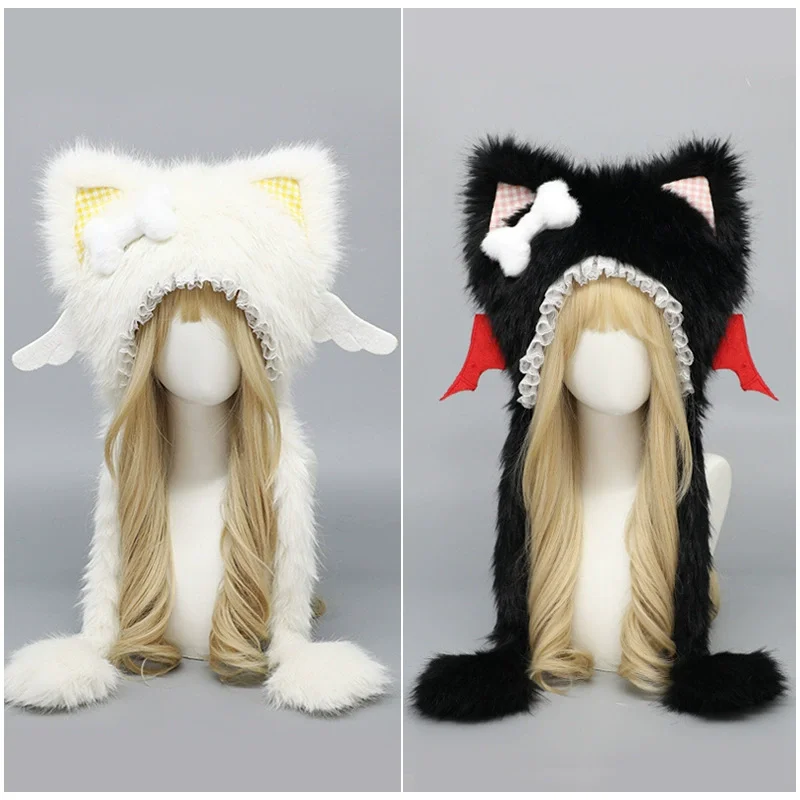 Women's Subculture Punk Cat Ears Angel Devil Wings Hat Cute Goth Lori Y2K Girls Warm Hat Winter Warm Lace Trimmed Plush Hat