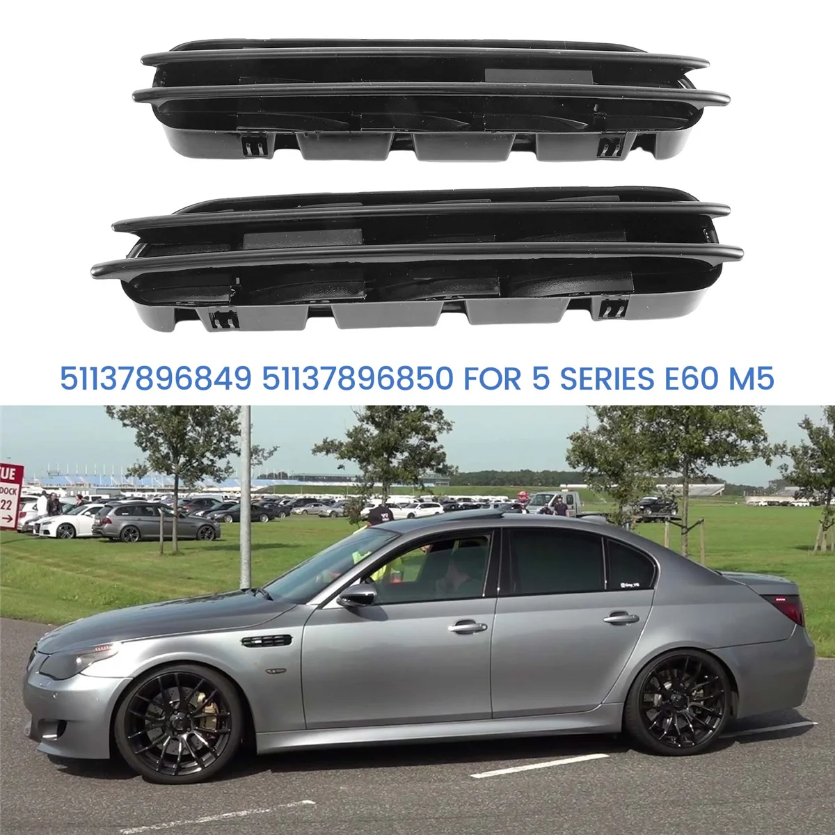 1Pair Car Fender Side Panel Grilles Vents for BMW 5 Series E60 M5 Left & Righ 51137896849 51137896850 Bright Black