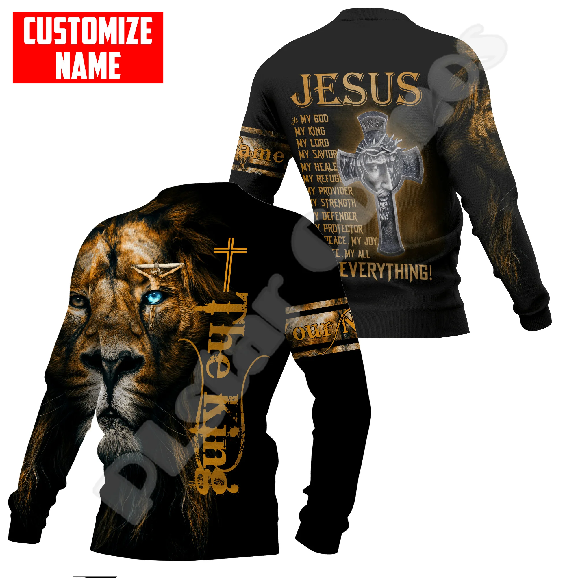 Custom Name Christian Child Of God Savior Jesus Lion Retro Tattoo 3DPrint Unisex Pullover Harajuku Casual Funny Jacket Hoodies I