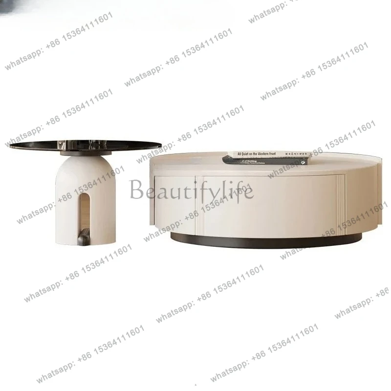 French Cream Style Stone Plate Coffee Table Living Room Home Small Apartment Size round Tea Table Combination