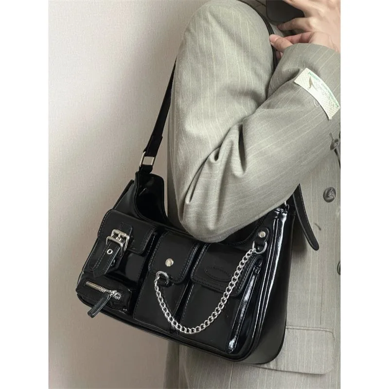 PU leather women's underarm bag, retro horizontal square multi-pocket chain, large-capacity single-shoulder crossbody bag