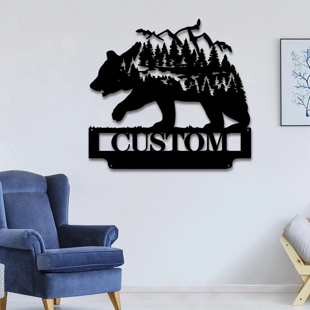 

1pc Bear forest mountains Customized Name Metal Wall Signs Iron Wall Plaque For Club Decor