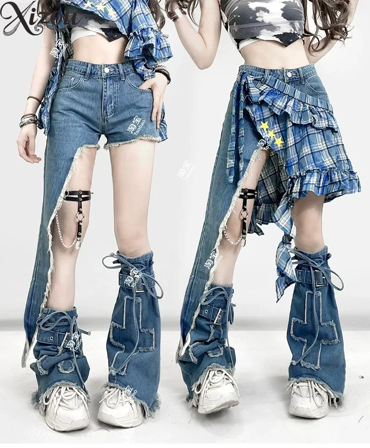 Women Y2K Alt Denim Shorts Set Plaid Ruffle Wrap Skirt Overlay Irregular Fringe Star Print American Vintage Stack Outfit 2026