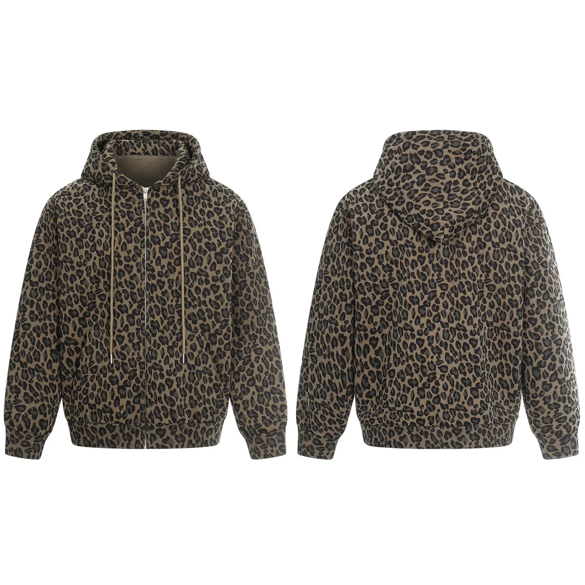 

American Sle Leopard Print Hooded Open Cardigan Sweatirt ex Loose Zipper Wfle Pattern Sports Jaet Top
