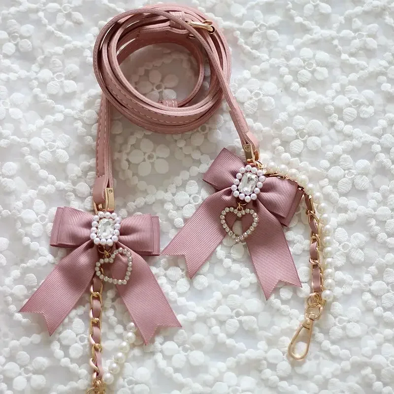 Liz-cadena cruzada de cuero Pu ajustable hecha a mano para teléfono, lazo de perlas, GEMA, cadena de bolso encantadora, accesorios de bolso lindos, moda japonesa