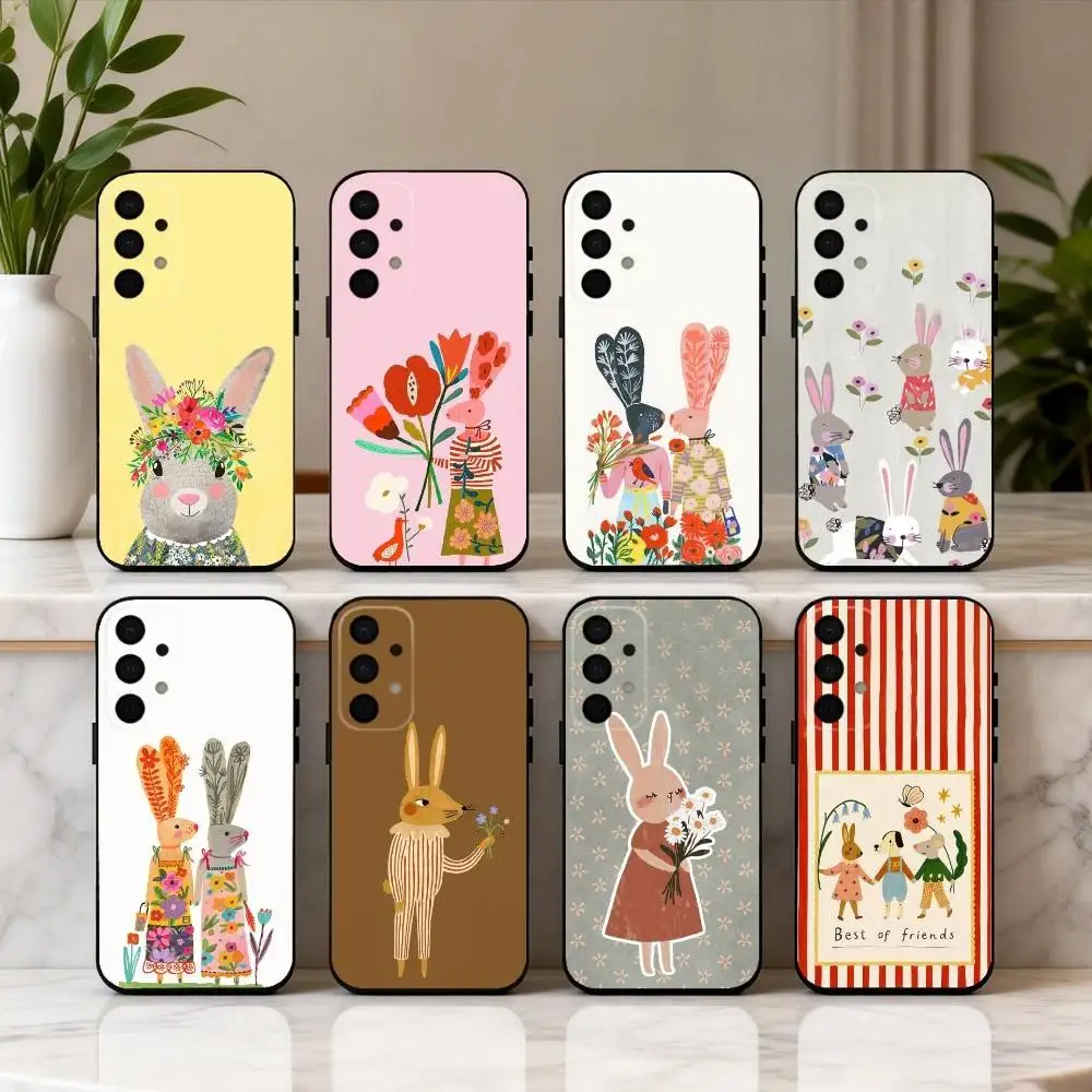 R-rabbit F-flower-R art Phone Case For Samsung Galaxy A73,A72,A71,A70,A53,A52,A51,Soft Silicone Black Cover