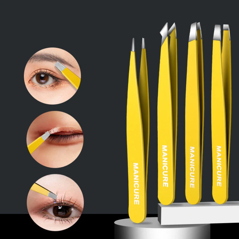 4 Pcs Eyebrow Tweezers Set Eyebrow Clip Clamps Trimming Tool Tweezers for Hair Beard Removal with Leather Case Slant Makeup Tool