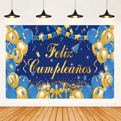 Blue Gold Feliz cumpleaños Spanish Birthday Background Balloons Birthday Party Decoration Banner Supplies Adult Photo Shoot Prop