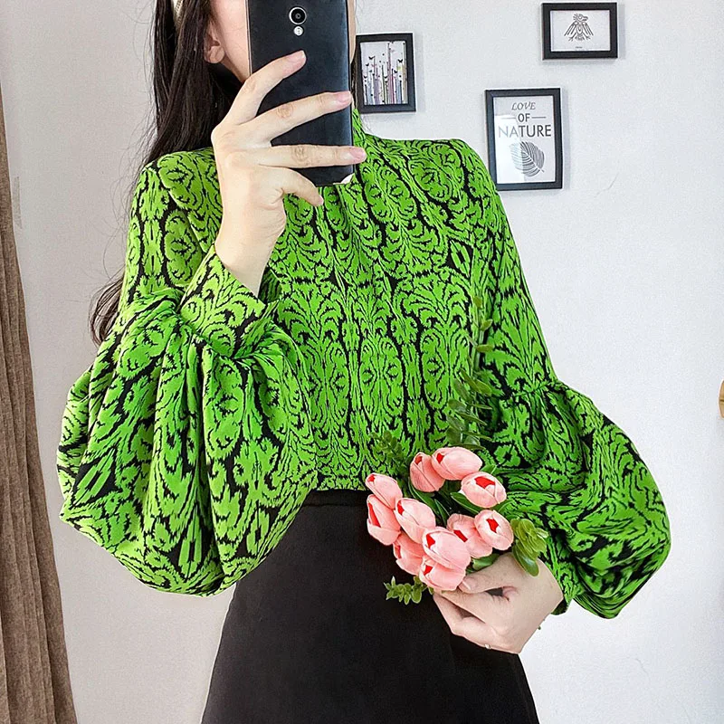 Vintage Printed Stand Collar Lantern Sleeve Blouses Women Clothing 2023 Autumn Winter Loose Casual Pullovers Office Lady Shirts