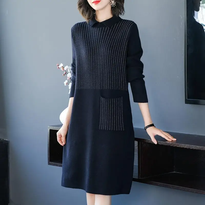 Robe d'automne à col tournant pour femme, pull en tricot, ample, droit, longueur au genou, avec poches, nouvelle collection 2022