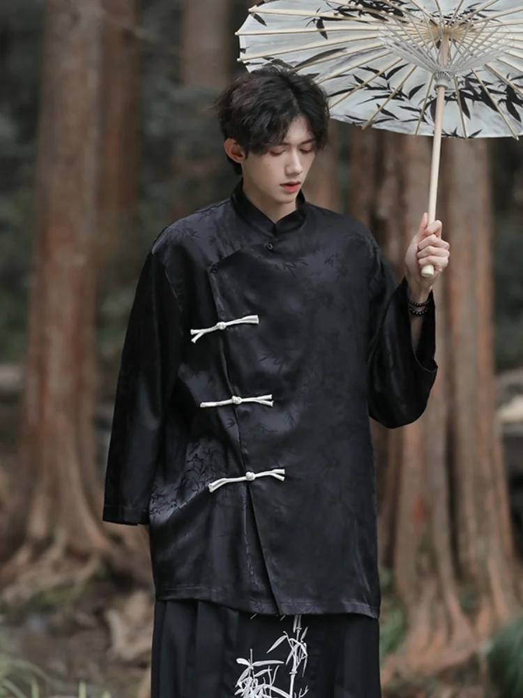 

New Chinese Sle Men's irt Premium Feeling Haome Stand Collar Top Spring Autumn Seven Sve Cuff Modified Hanfu