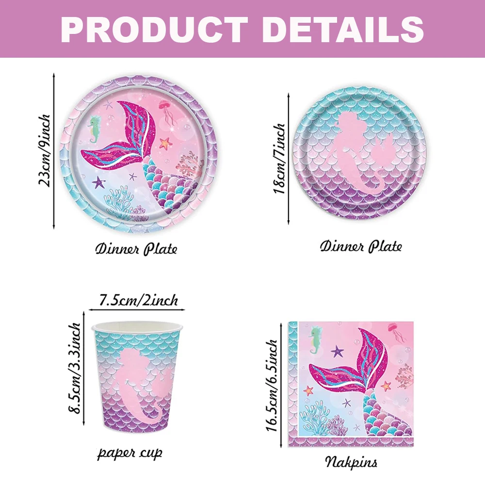 Meerjungfrau Party Rosa Lila Geschirr Set Teller Tassen Tischdecke Servietten Banner Mädchen Geburtstag Party Dekore Baby Dusche Liefert – Detail 4