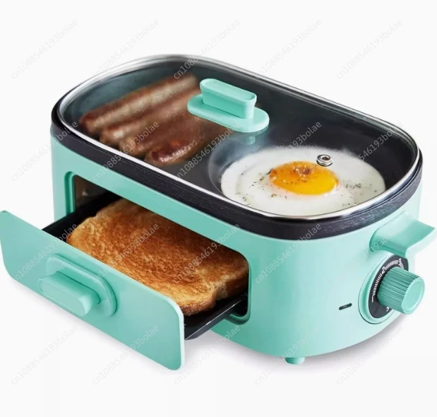 3-in-1 Breakfast Maker Station, Ceramic Nonstick Dual Griddles & Breakfast Sandwiches, 2 Slice Toast Drawer, Turquoise curtain