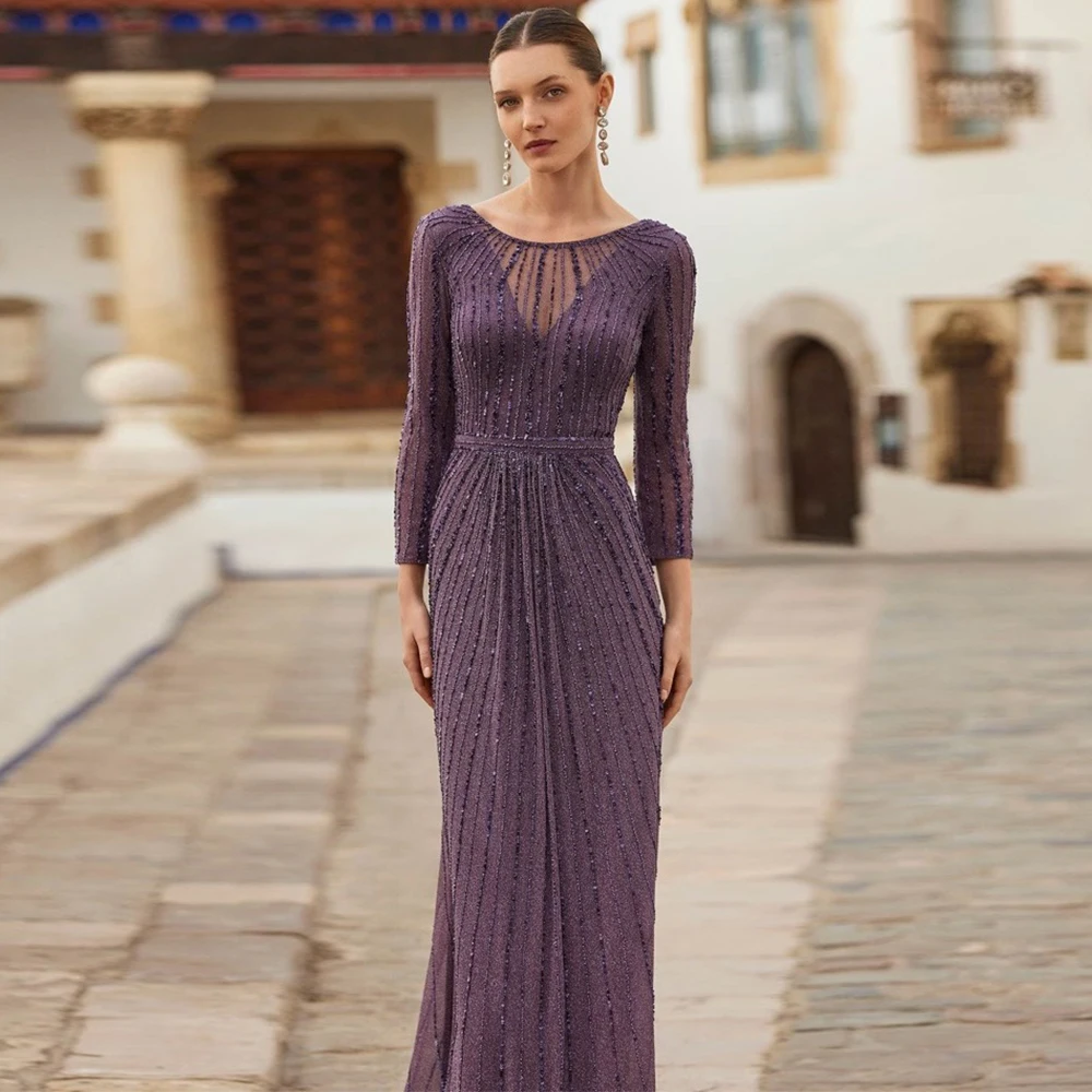 Customized Mother of the Bride Dresses Sheath/Column Formal Evening Dress Purple O-Neck Pleat Beads Guest Wedding Party Dresses
