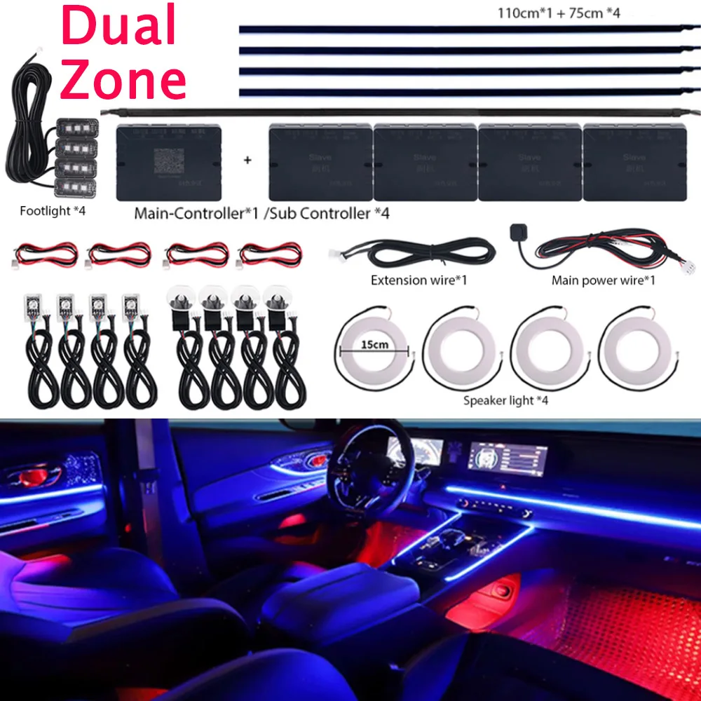 

18 in 1 22 in 1 Dual Zone Car LED Ambient Lights Interior Acrylic Strip RGB Neon 64 Colors App Universal 12V Decoration Lamp Kit