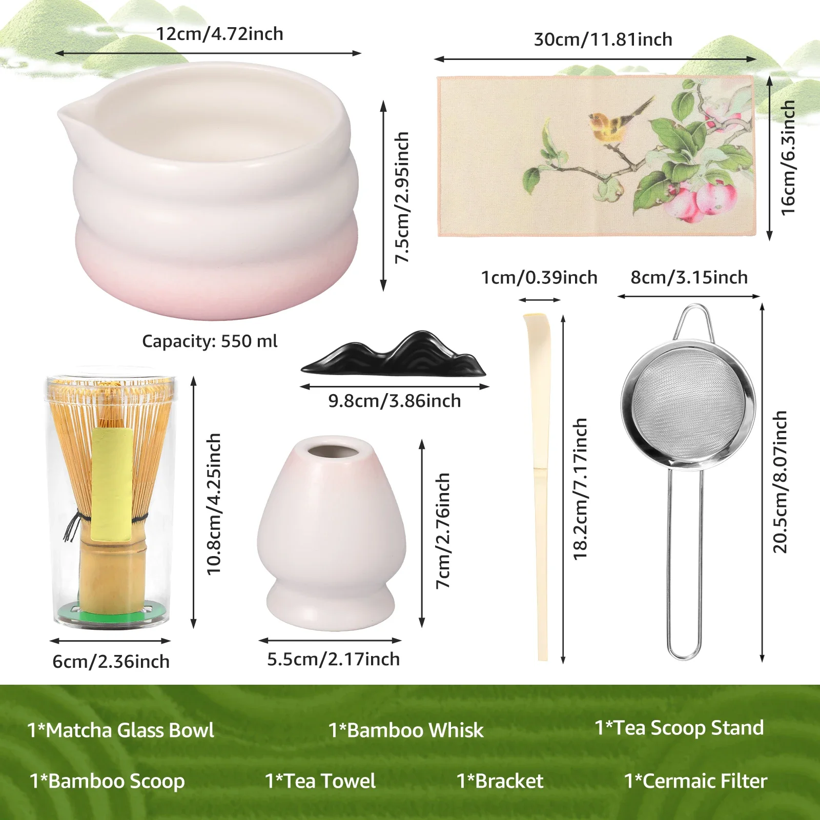 7pcs Pink Heart Decal Ceramic Matcha Set, Cute Matcha Set Includes Matcha Bowl, Matcha Whisk and Holder, Bamboo Scoop, Sifter