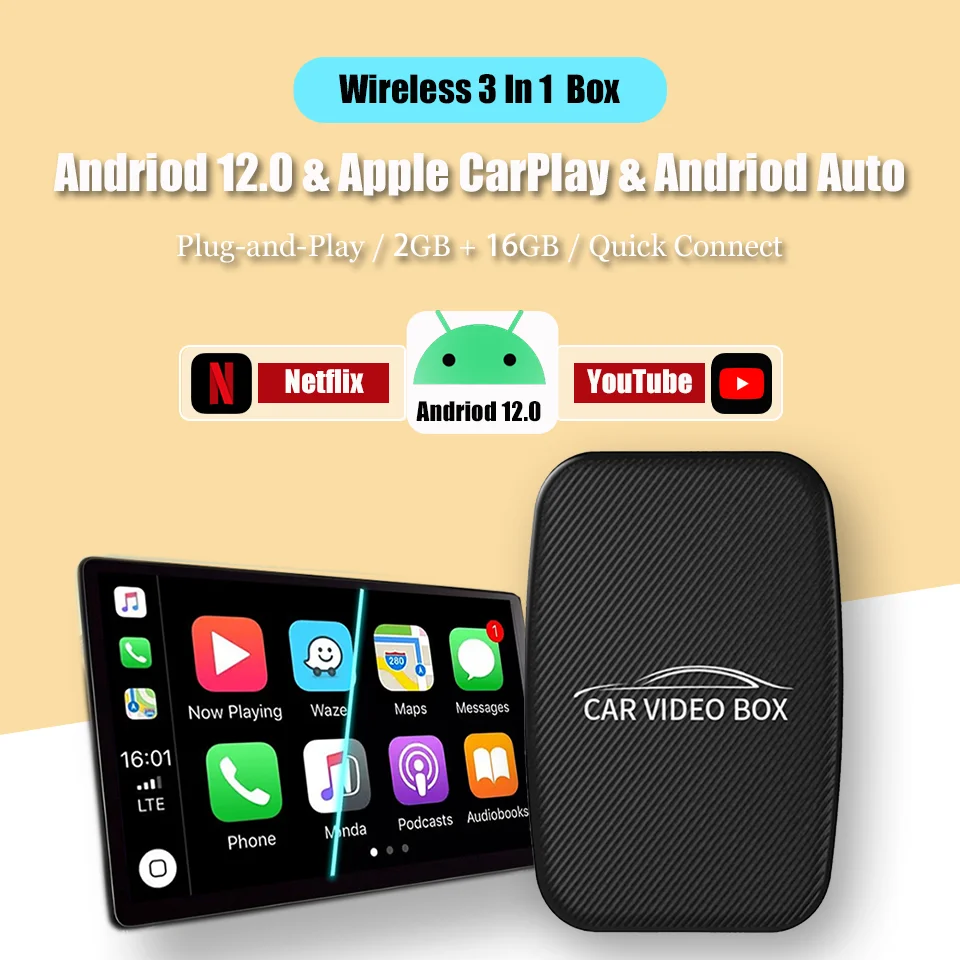 New CarPlay Ai Box Android12 Wireless CarPlay & Android Auto 3In1 Smart TV Box, 2+16GB Plug & Play Built-in Youtube Netflix