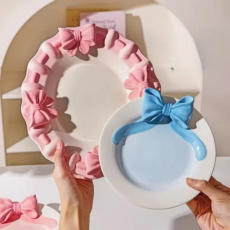 Romantic Style Ceramic Plate, 3D Bow & Hand Painted Decoration, for Wedding Party, Dessert Snack Serving Dish, Festive Gift