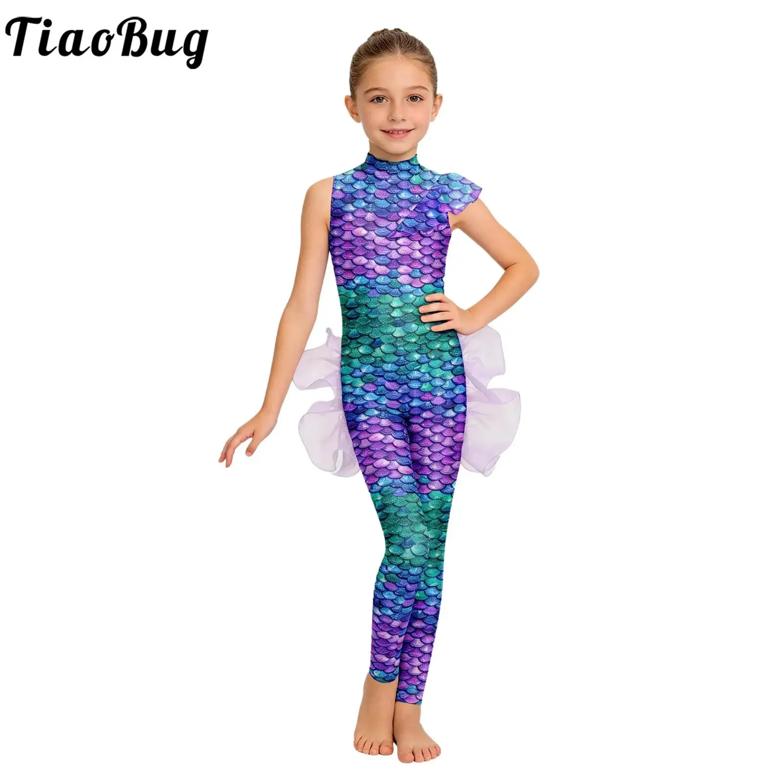 Kids Girls Mermaid Princess Fish Scale Printed Jumpsuit One-piece Swimsuit Mesh Sleeveless Ballet Gymnastics Leotard Swimwear