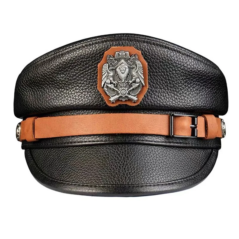 German Military Cap Man Genuine Leather Flat Top Hat Korean Fashion Eagle Mark Belt Buckle Punk Locomotive Casquette Male