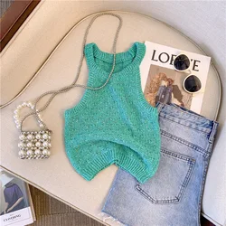 2024 New Summer Women Sleeveless Short Knitted T-Shirt Stretchy Camisole Tees Halter Collar Tank Crop Tops For Female