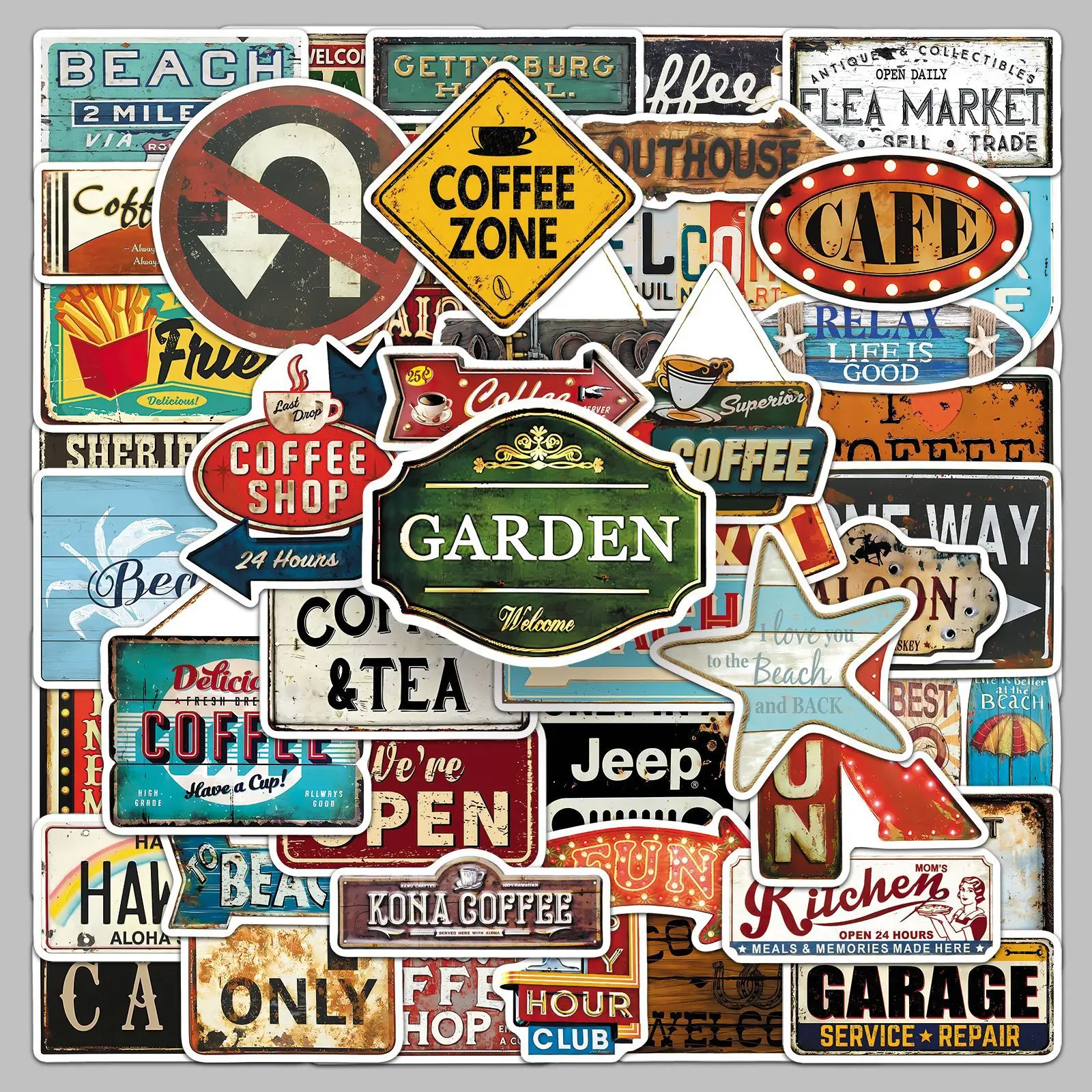50Pcs Vintage Road Sign Stickers Coffee Bar Aesthetic Laptop Decor Phone Case Luggage iPad Car Wall Waterproof Stickers Kids Toy