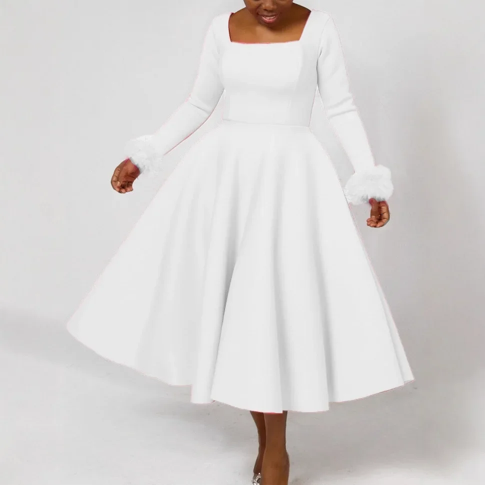 

Spring Summer African Women Long Sleeve Square Collar Solid Color Party Evening Pleated Midi Dress Dashiki Africa Clothing 2026