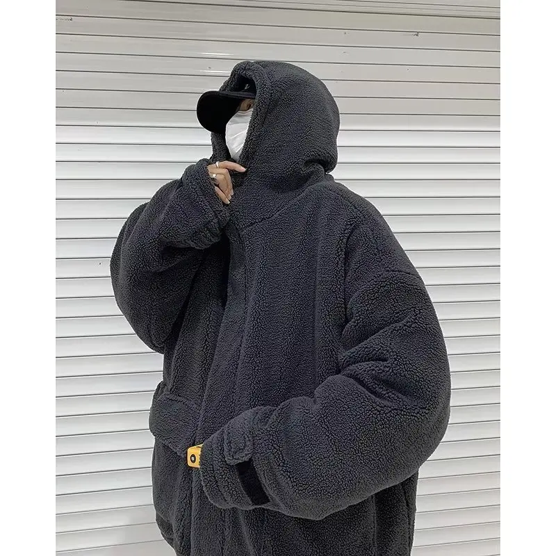

Dark Hooded Shearling Coat For Man, Streetwear Mans Fleece-lined Jacket, Oversized Causal Winter Jackets