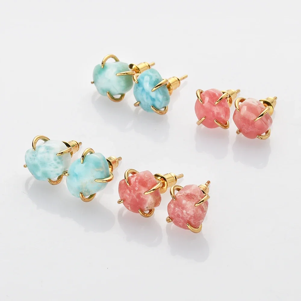 BOROSA Unique Irregular Natural Stone Stud Earrings Golden Plated Rhodochrosite Claw Earring For Women Crystal Jewelry Gifts