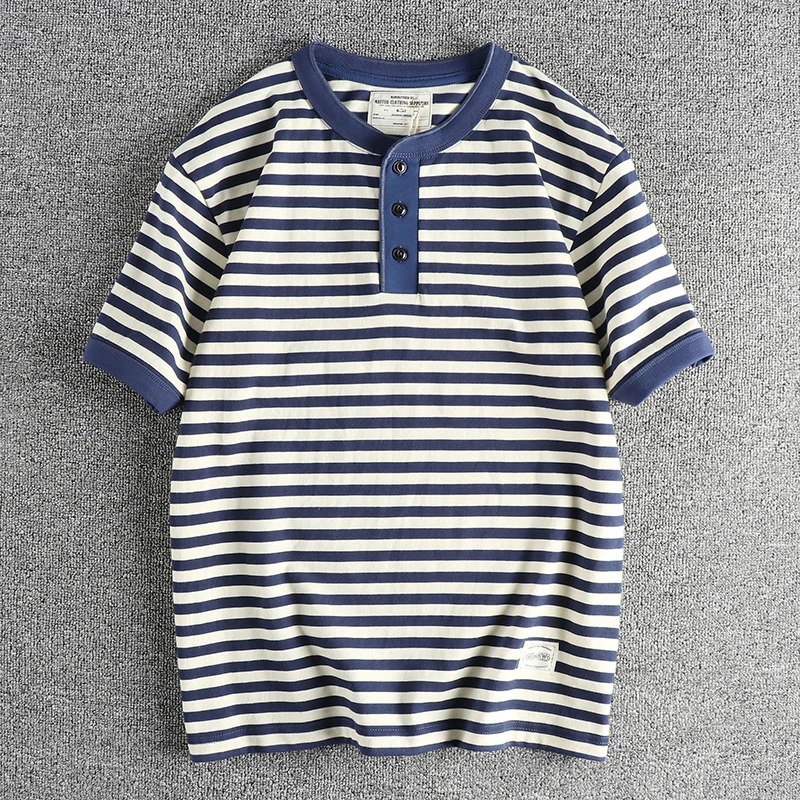 

Retro Hong Kong Sailor Striped Cotton T-Shirt Men's Fashion High Weight Half Sleeve Henry Collar Shirt Casual Summer Wear