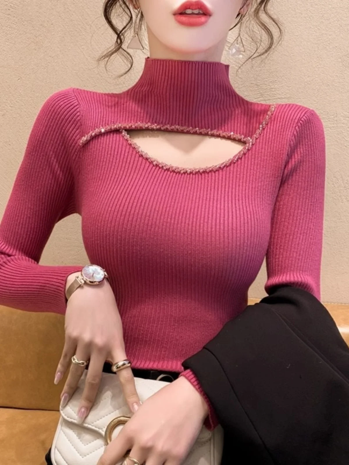 

Pink Half-High Collar Knitted Sweater Women's Base Shirt Inner Wear Faux Fur Autumn Winter Thickened Medium Collar Knitwear