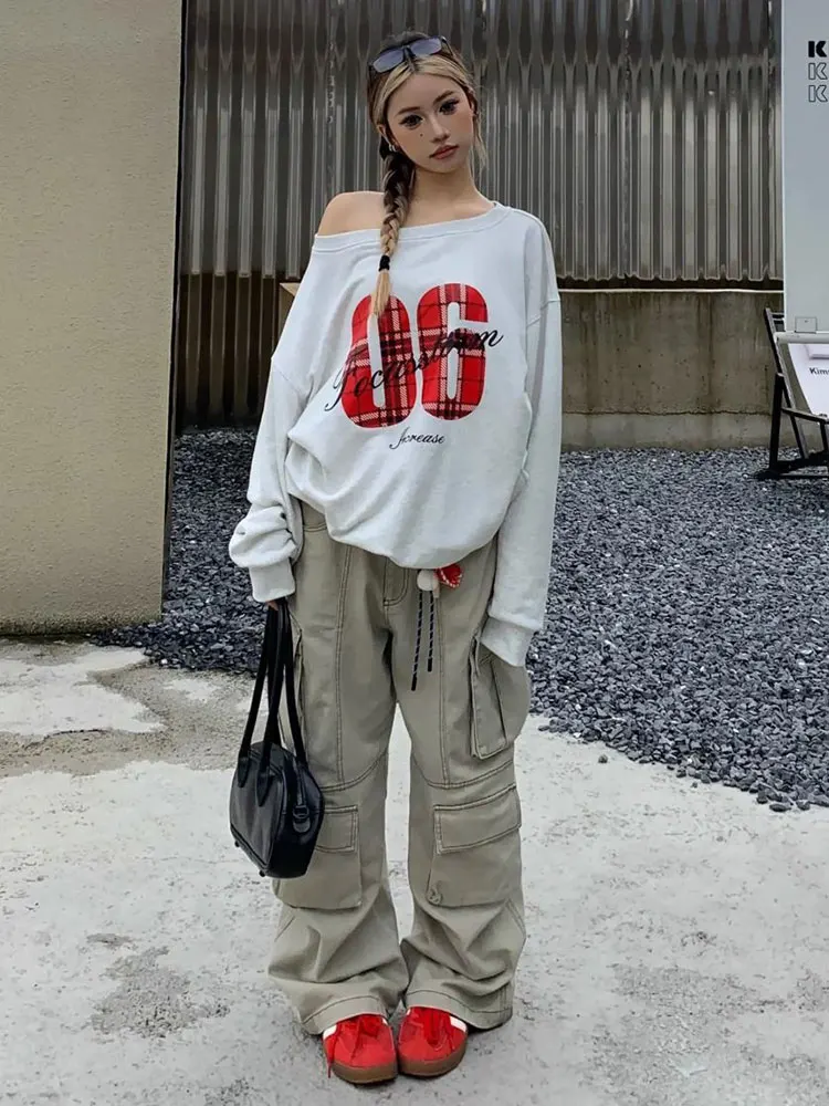 Y2k Sport décontracté surdimensionné t-shirt femmes à manches longues hors épaule haut dos école Vintage t-shirts de base automne hiver nouveau