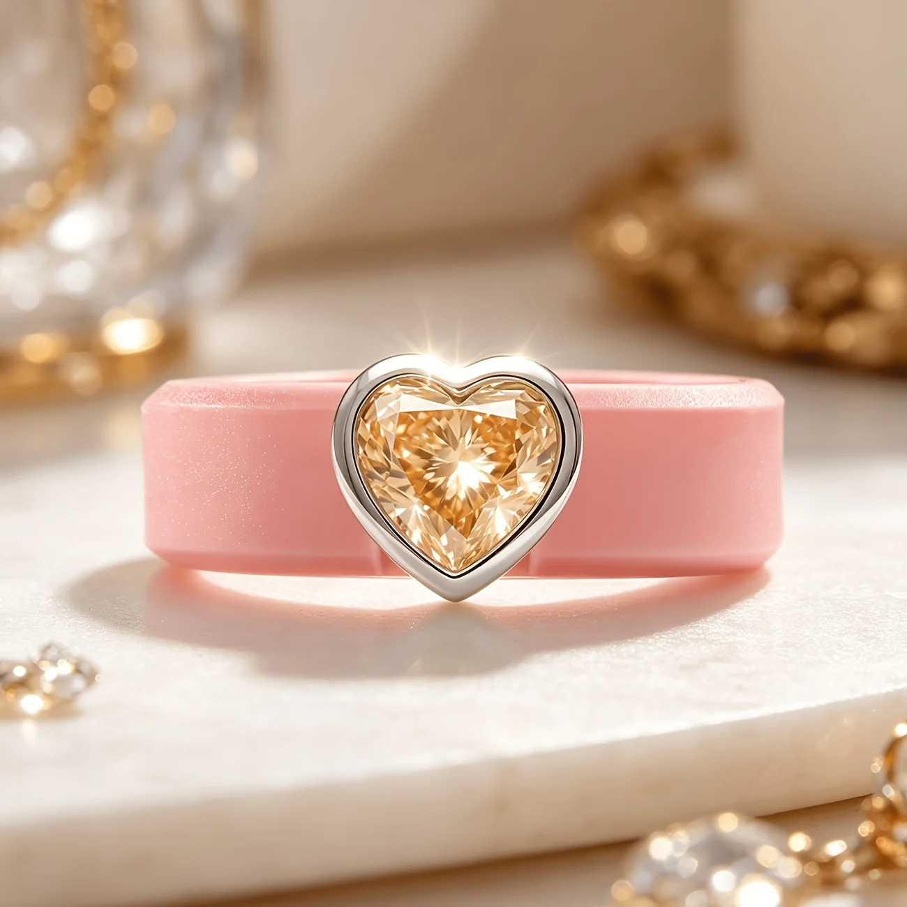 Dainty Pink Silicone Promise Ring with Sparkling Heart Champagne CZ, Skin-Friendly Band，Comfort Fit Engagement  for Women