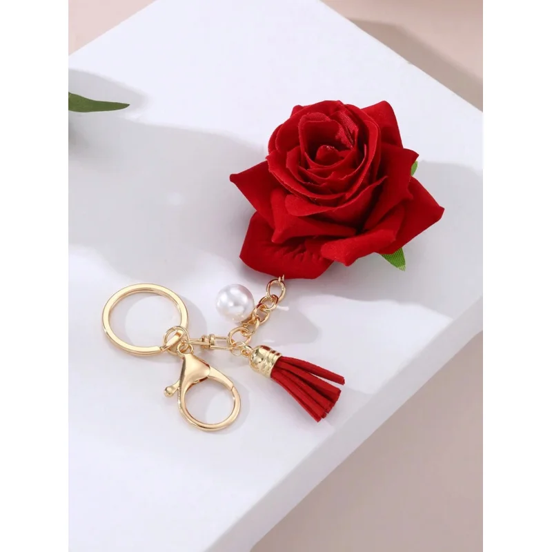 1pc Boho Keychain for Women with Fabric Rose, Tassel & Faux Pearl. Bag/Car Charm for Mother‘s Day & Valentine’s Gift.