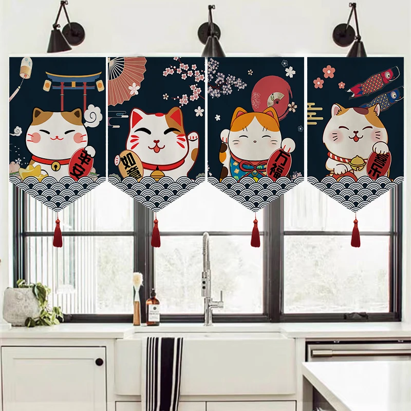 

Japanese Style Lucky Cat Pennant Noren Kitchen Partition Home Door Head Curtain Cuisine Shop Restaurant Hanging Short Curtain